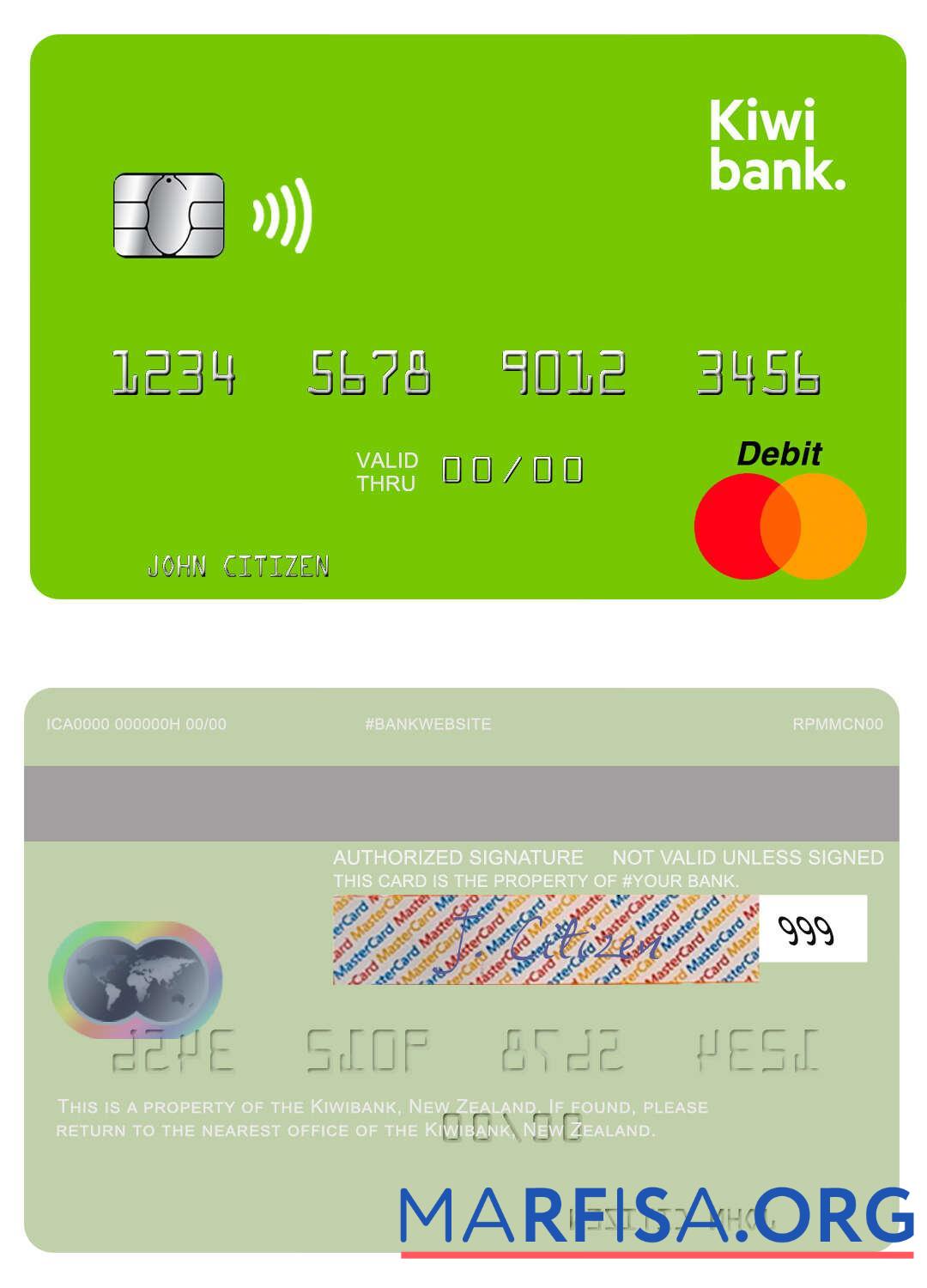 Realistic New Zealand Kiwibank mastercard sample